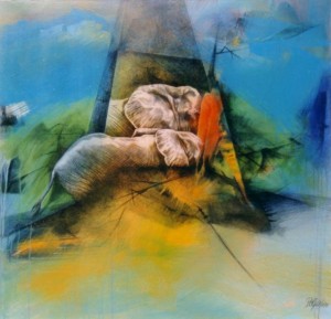 Wz 461 Im Schutz des Berges, Kenia --- mixed media, Lwd | 110 x 115 cm, 1998 Privatbesitz