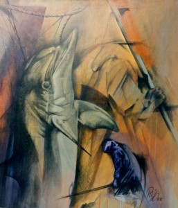 Wz 0195 Delphin mit Stangen --- Zeichnung, Lwd | 100 x 90 cm, 1992 --- Soziale Künstlerförderung
