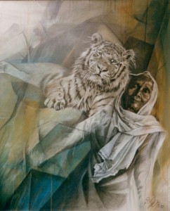 Wz 0230 Zwei Jäger --- Zeichnung, Lwd | 115 x 95 cm, 1992 Kleine Weltlaterne